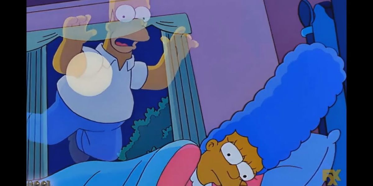 Ghost Homer Simpson flutua sobre uma Marge Simpson viva em sua cama