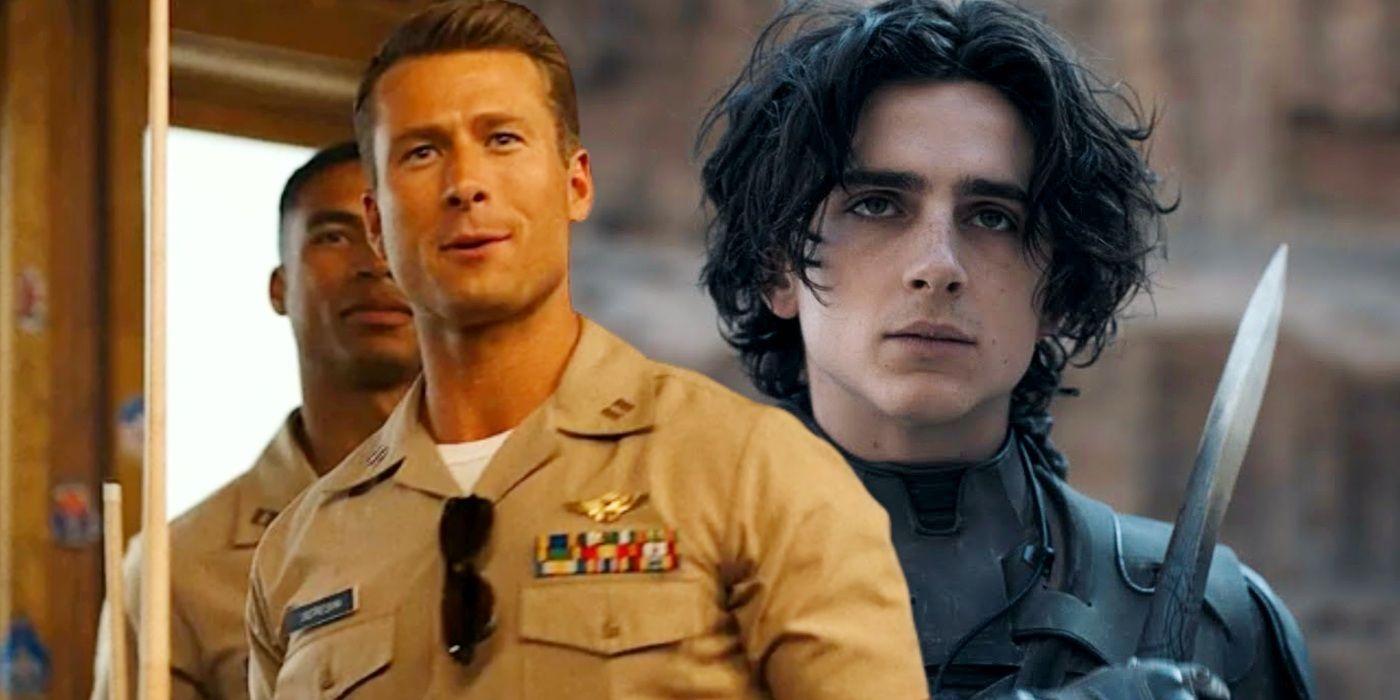 Custom image of Glen Powell in Top Gun 2 and Timothee Chalamet in Dune.