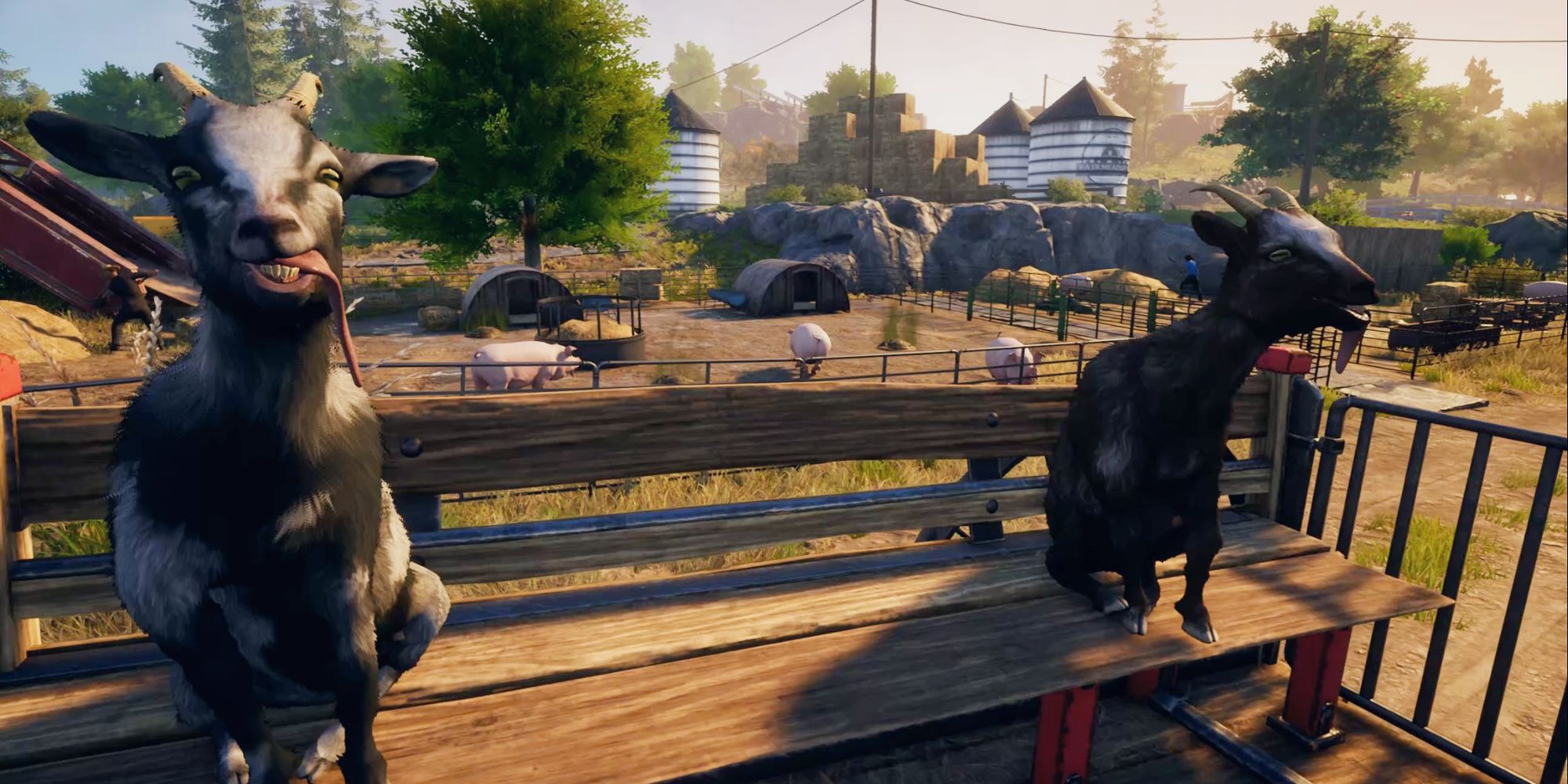 Duas cabras do Goat Simulator 3 sentadas em um carrinho, em paródia da introdução de Skyrim.