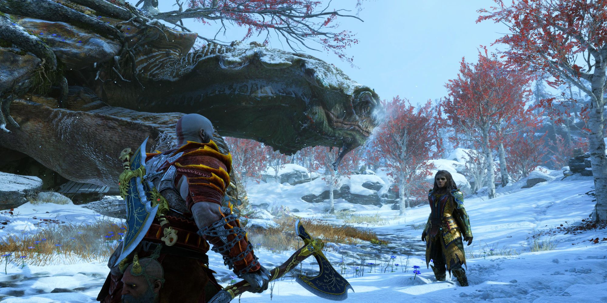 Kratos de God of War Ragnarok e Freya visitando Chaurli, uma tartaruga gigante ligada à casa de Freya em Midgard.