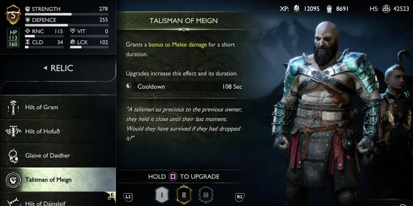 God of War: Ragnarok Relic Menu with Tailsman of Meign Equipped to Bolster Melee Damage Through Special Relic Attack Tied to Item