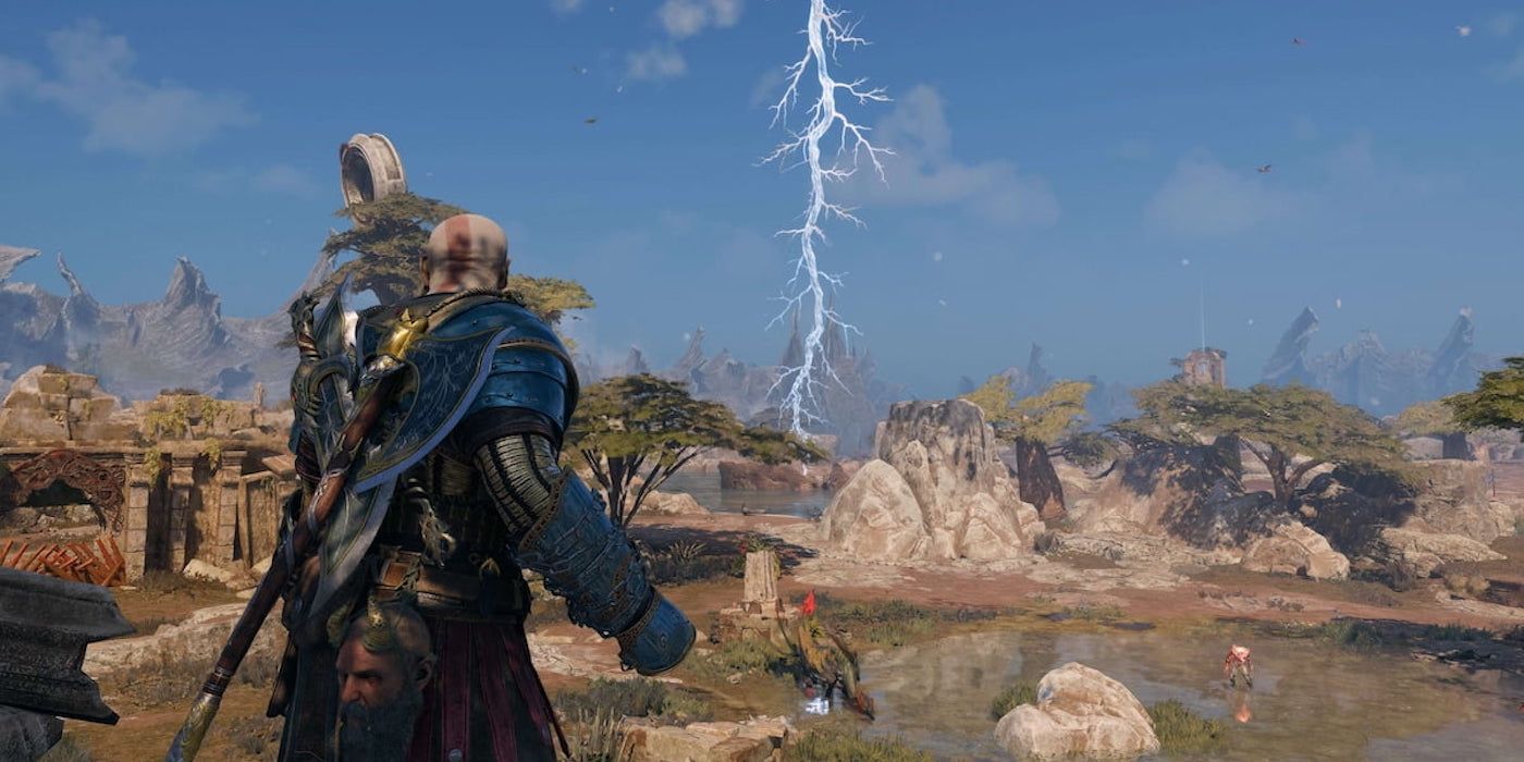 Kratos looking at the frozen lightning at the center of The Crater, and optional area in God of War Ragnarok