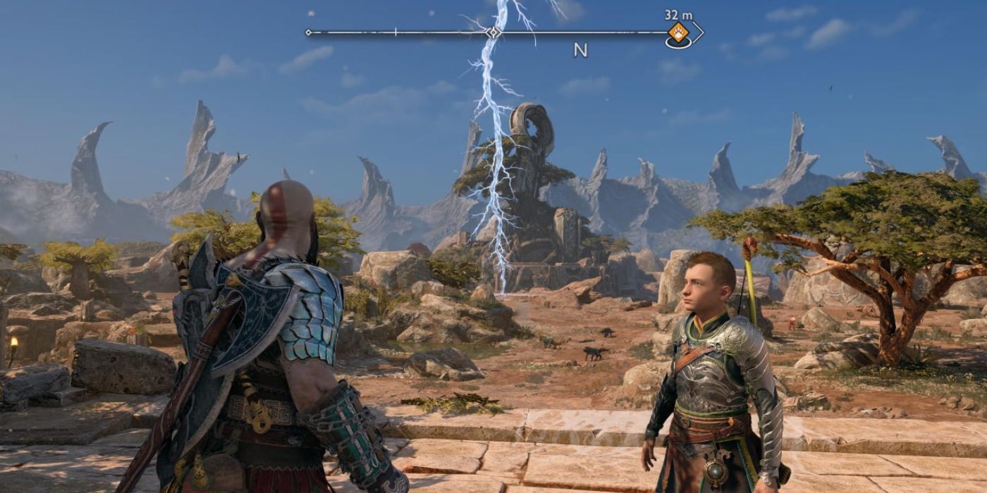 Kratos and Atreus in Vanaheim near the crater in god of war ragnarok.