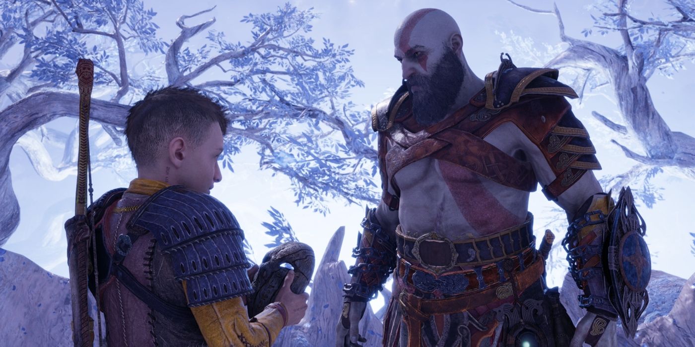 Image of Atreus showing Odin's mysterious mask to Kratos in the realm between realms. 