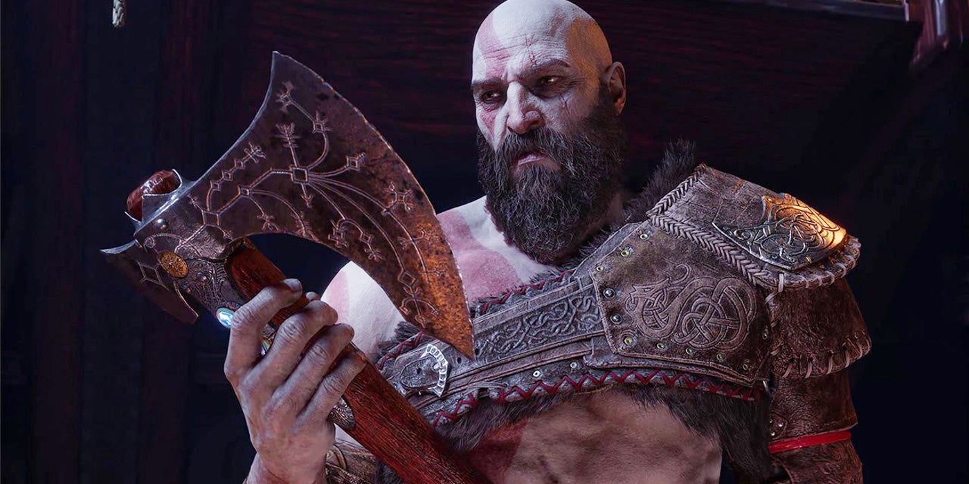 Kratos olhando para o Machado Leviatã em God of War Ragnarok.