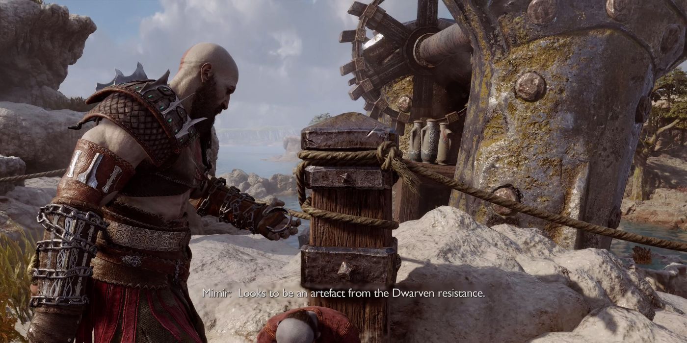 Kratos picking up an artifact in god of war ragnarok.