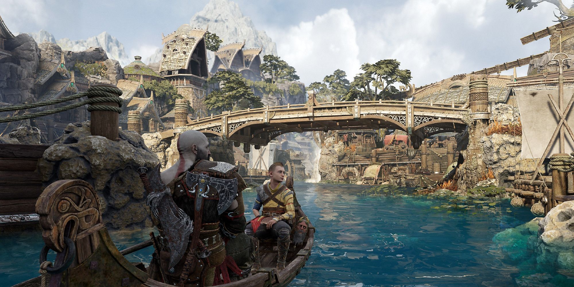 Captura de tela de Kratos, Atreus e Mimir em um barco em Svartalfheim em God of War Ragnarok