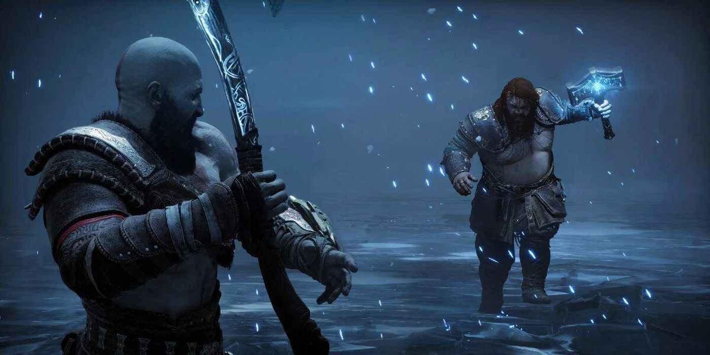 Image of Thor wielding Mjolnir in a fight against Kratos with his Leviathan Axe.