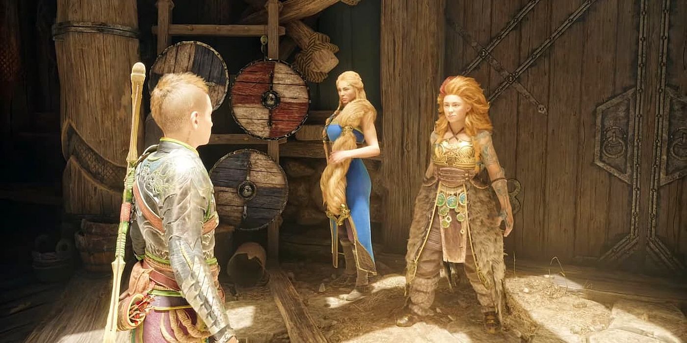 Imagem de Atreus conversando com a esposa e filha de Thor, Sif e Thrud.