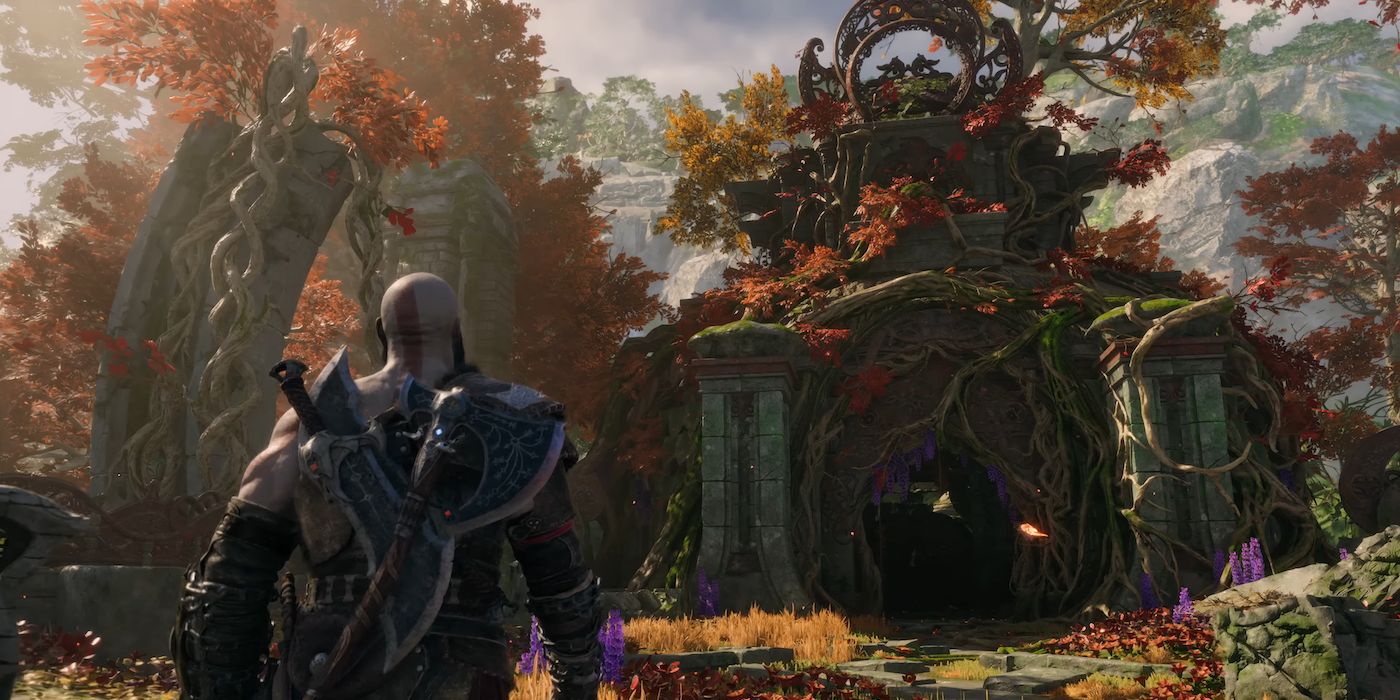 Stone ruins in the lush realm of Vanaheim, featured in God of War Ragnarok