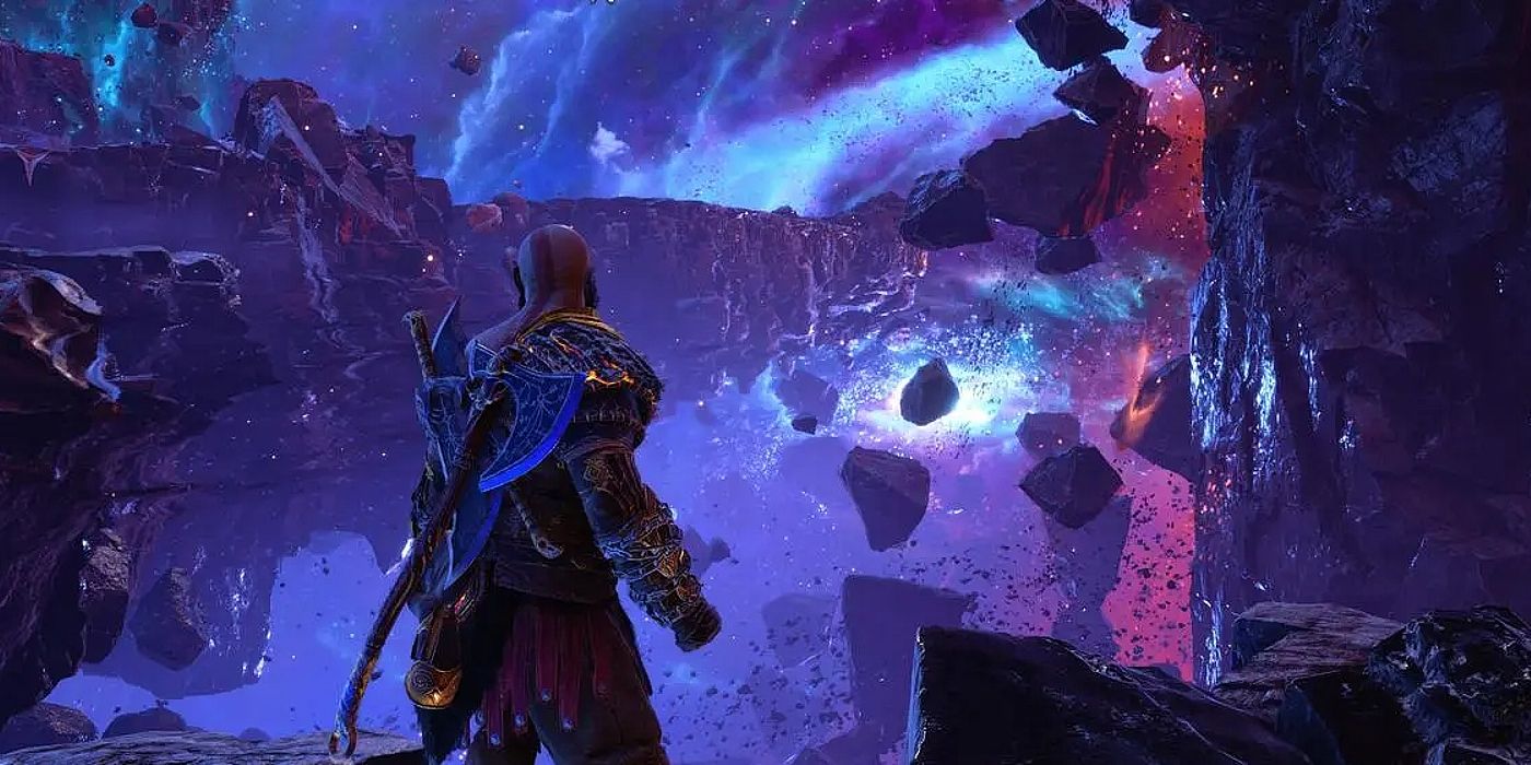 Imagen de Kratos mirando las rocas flotantes y las nebulosas arremolinadas de la Chispa del Mundo.