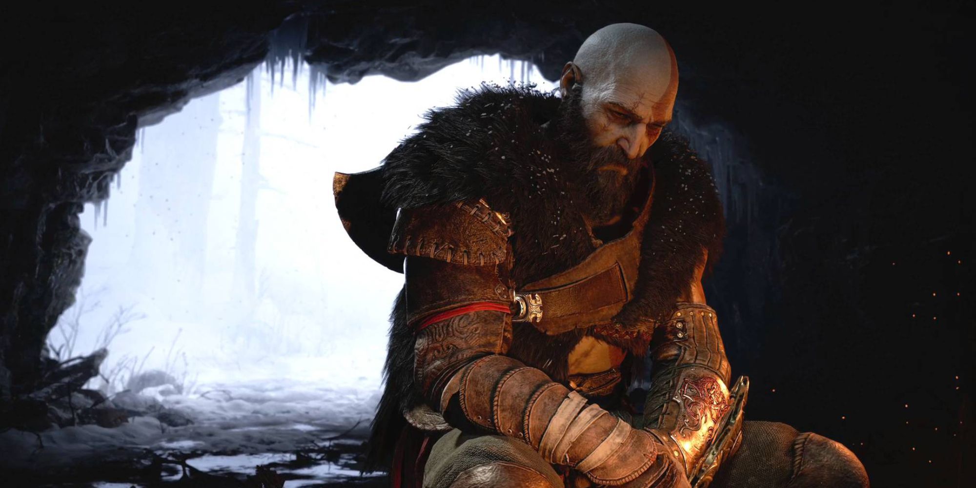 Kratos in a cave in God of War Ragnarok.