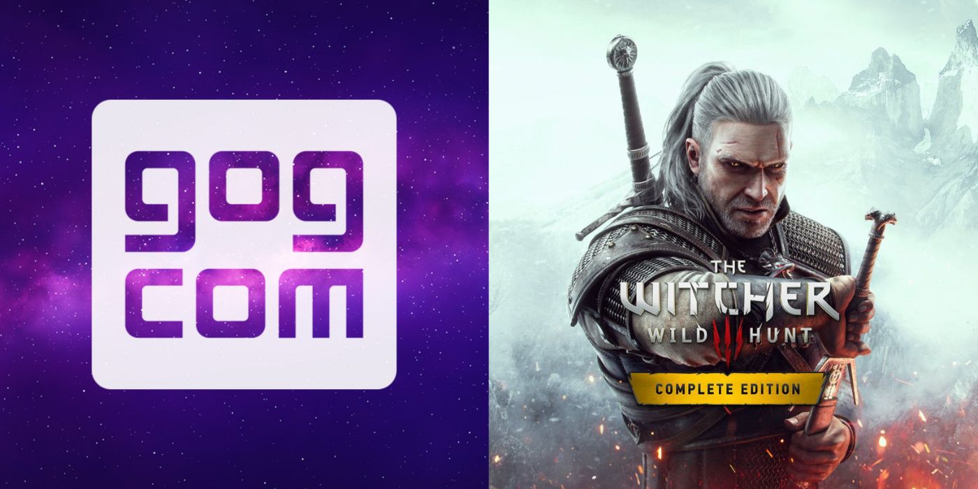 Split image of the GOG logo and The Witcher 3: Wild Hunt - Complete Edition promo art.