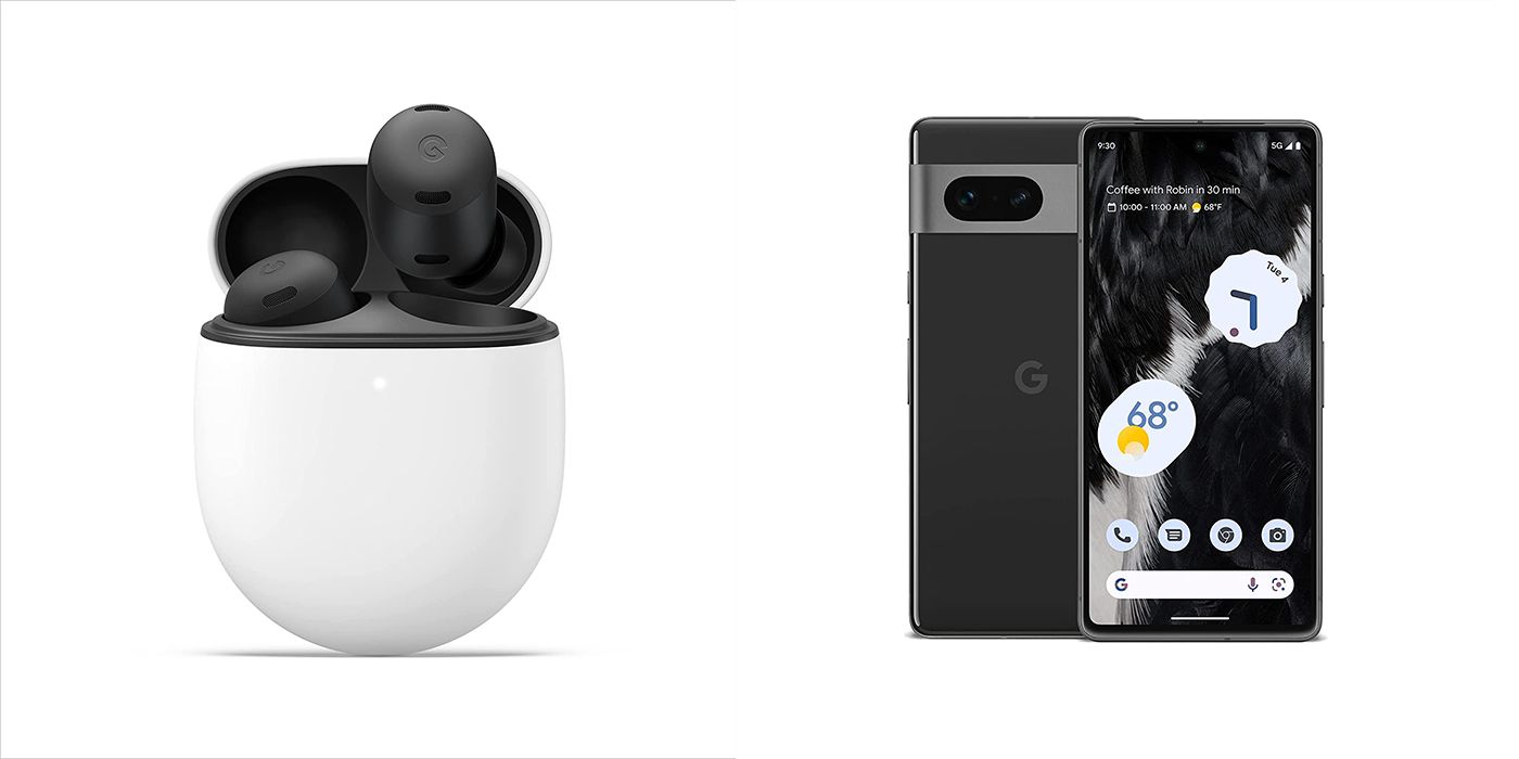 Imagem dividida do telefone Google Pixel Buds Pro e Google Pixel 7