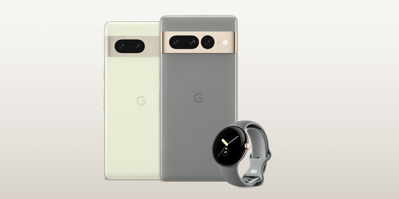The Google Pixel 7 and Pixel 7 Pro along with the Pixel Watch on a grey background.