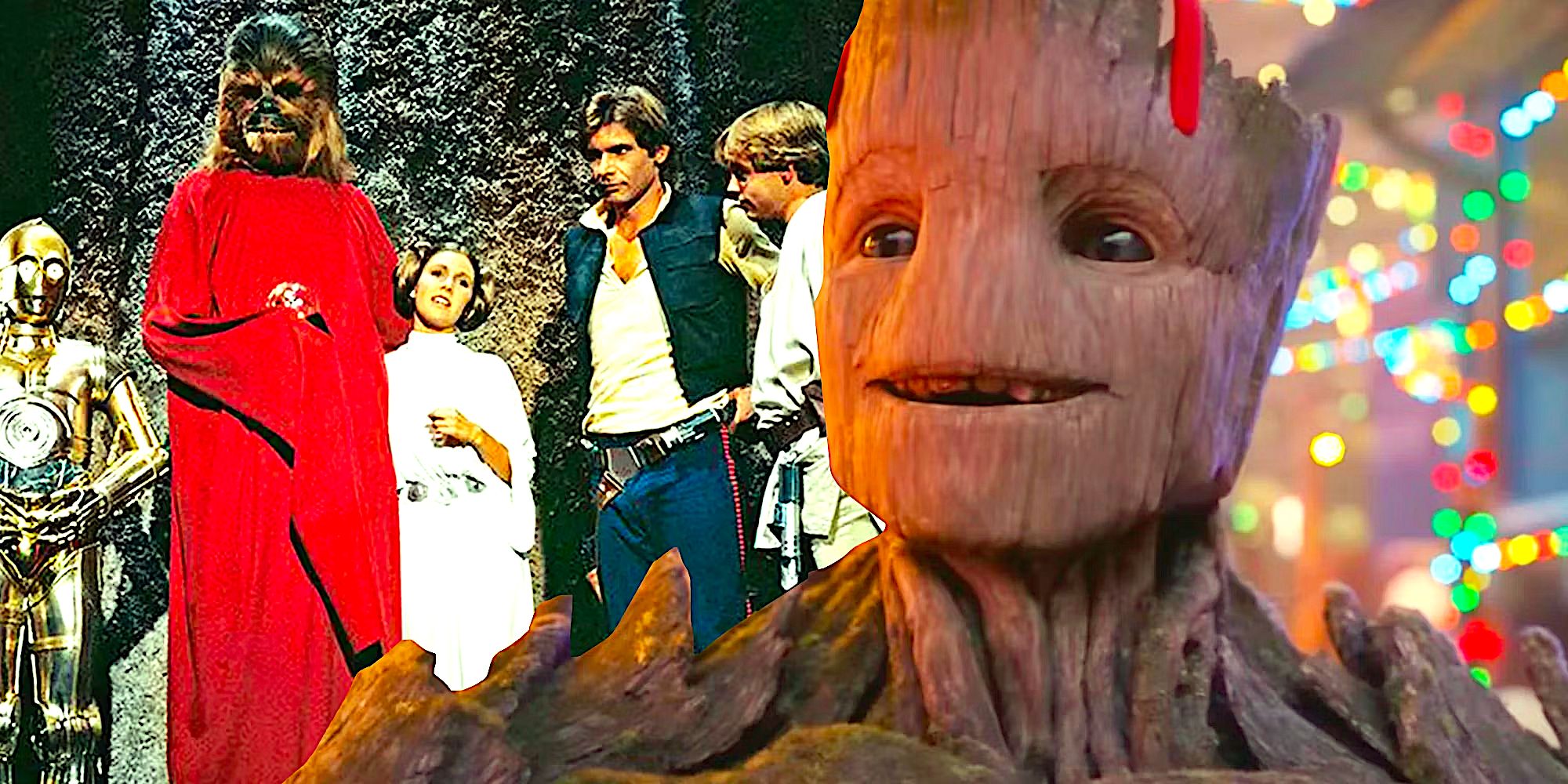 Guardians of the Galaxy Holiday Special and Star Wars Holiday Special collage with Groot