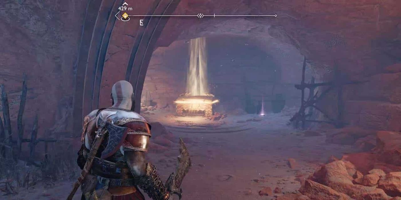 Kratos in a cave in Alfheim in god of war ragnarok.