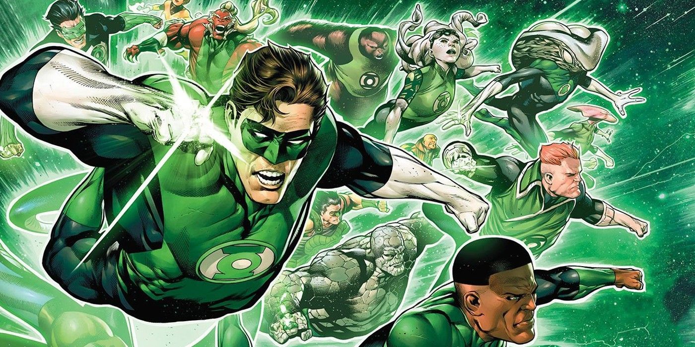 Featured Image: multiple members of the Green Lantern Corps in flight through space