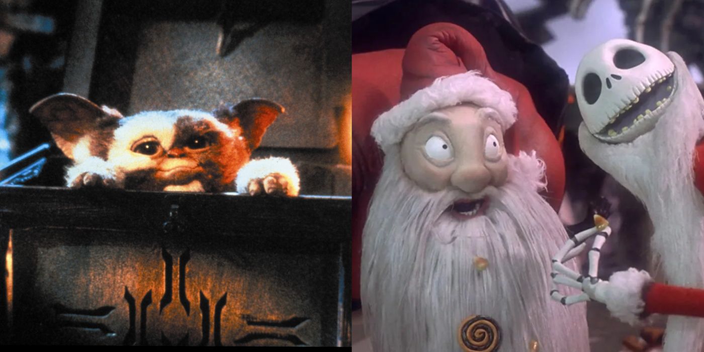 Gizmo sitting in a carved box in Gremlins and Santa stuck with Jack smiling next to him in A Nightmare Before Christmas. 