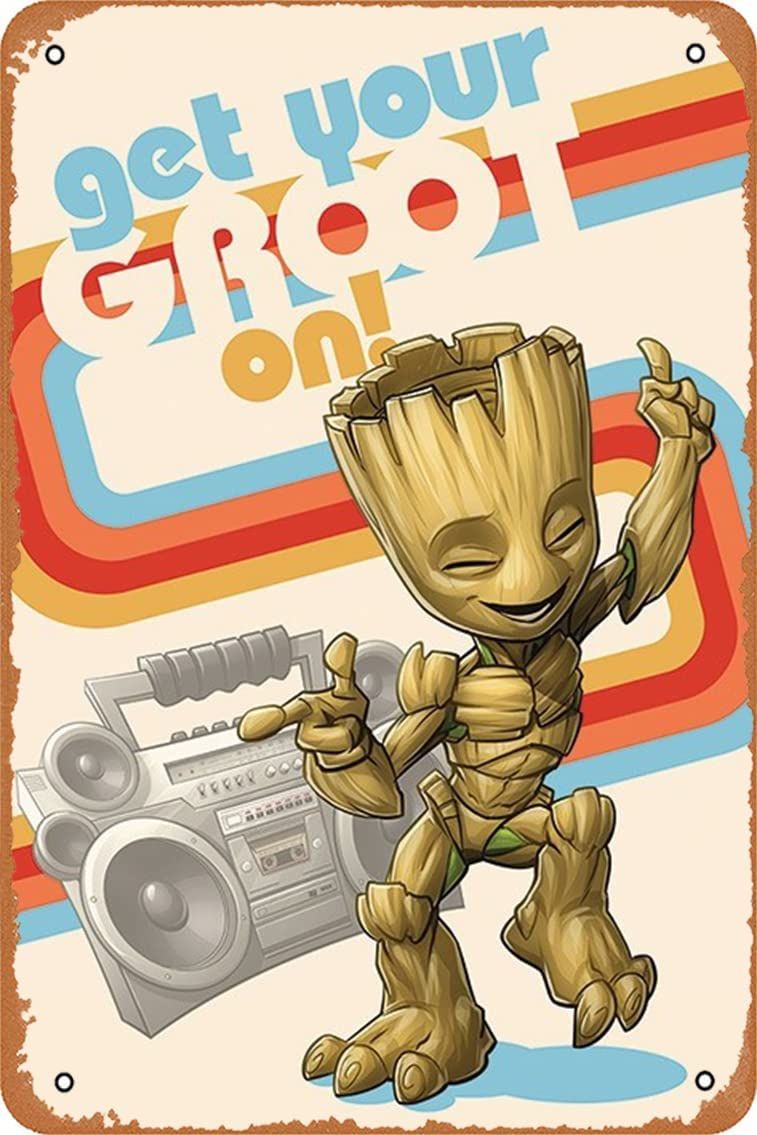 Cartaz com Baby Groot dançando que diz 