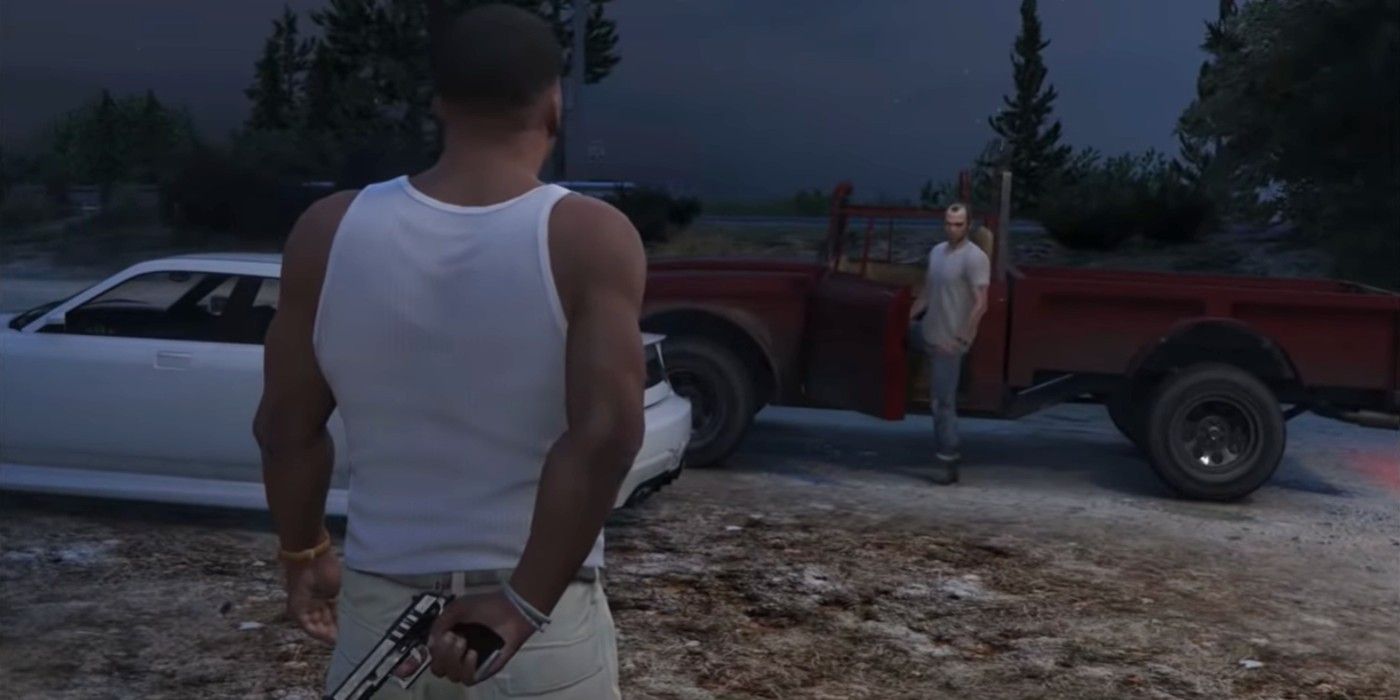 Franklin and Trevor in Ending A of Grand Theft Auto 5