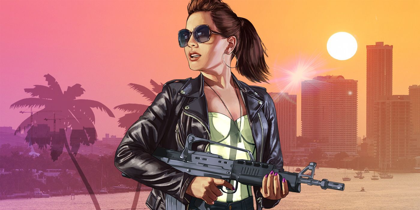 Arte oficial de um personagem do GTA Online em frente a um pano de fundo do GTA Vice City.