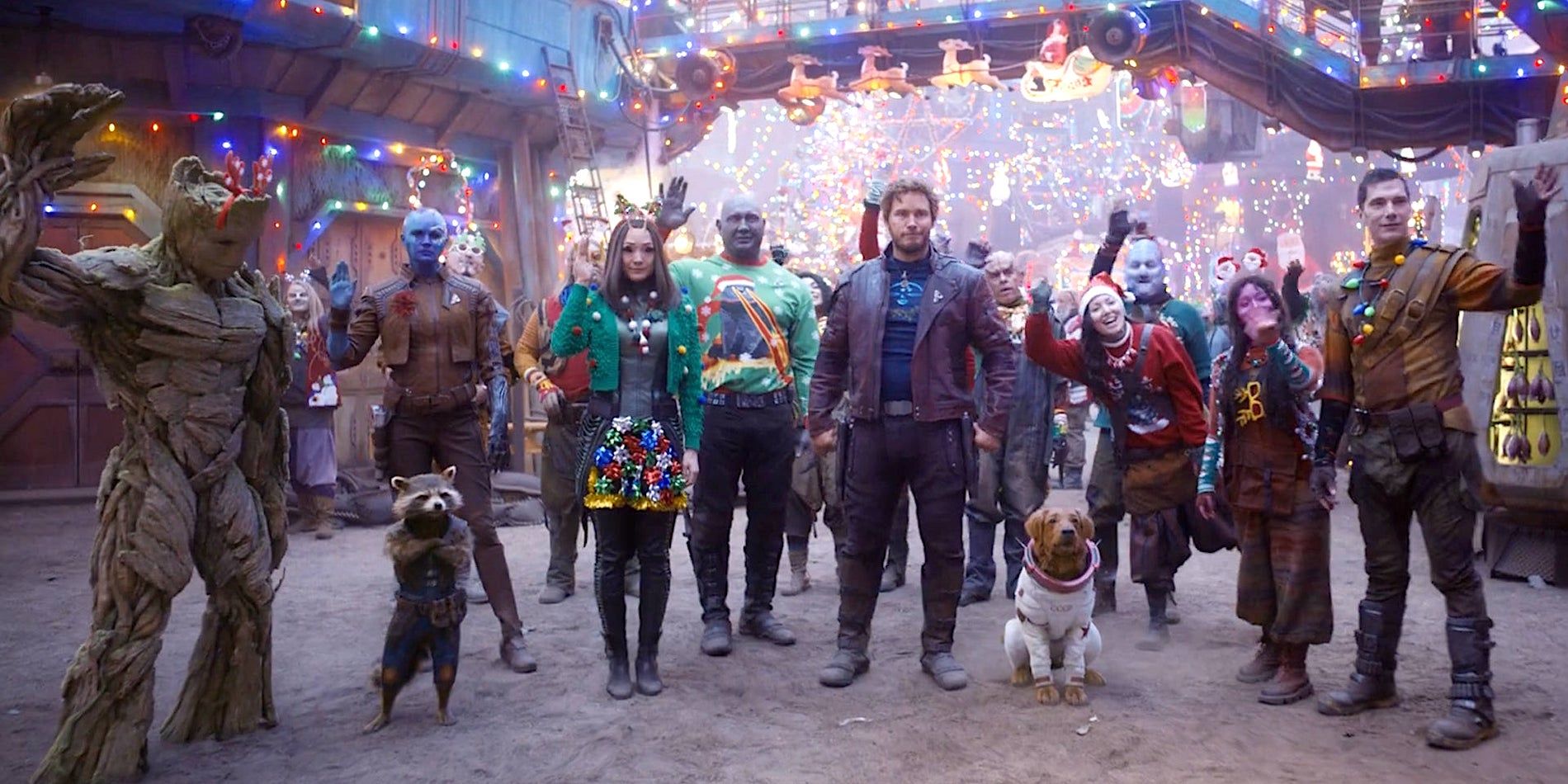 Guardians of the Galaxy Holiday Special cast including Stephen Blackehart on the right