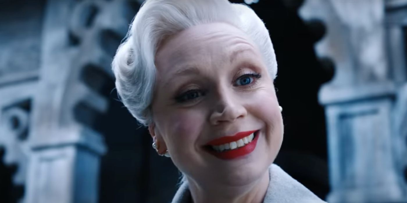 Gwendoline Christie smiling as Principal Larissa Weems in Wednesday