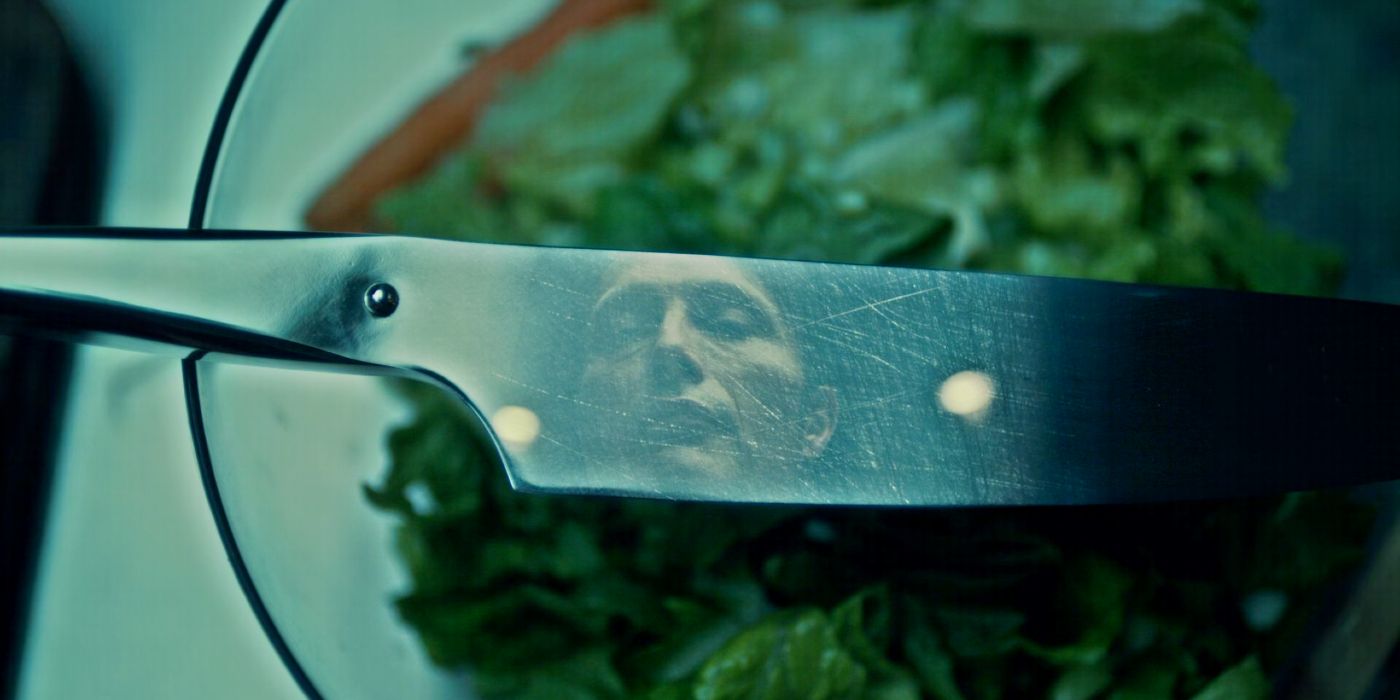 Hannibal Lecter's (Mads Mikkelsen) reflection off a kitchen knife in Hannibal.