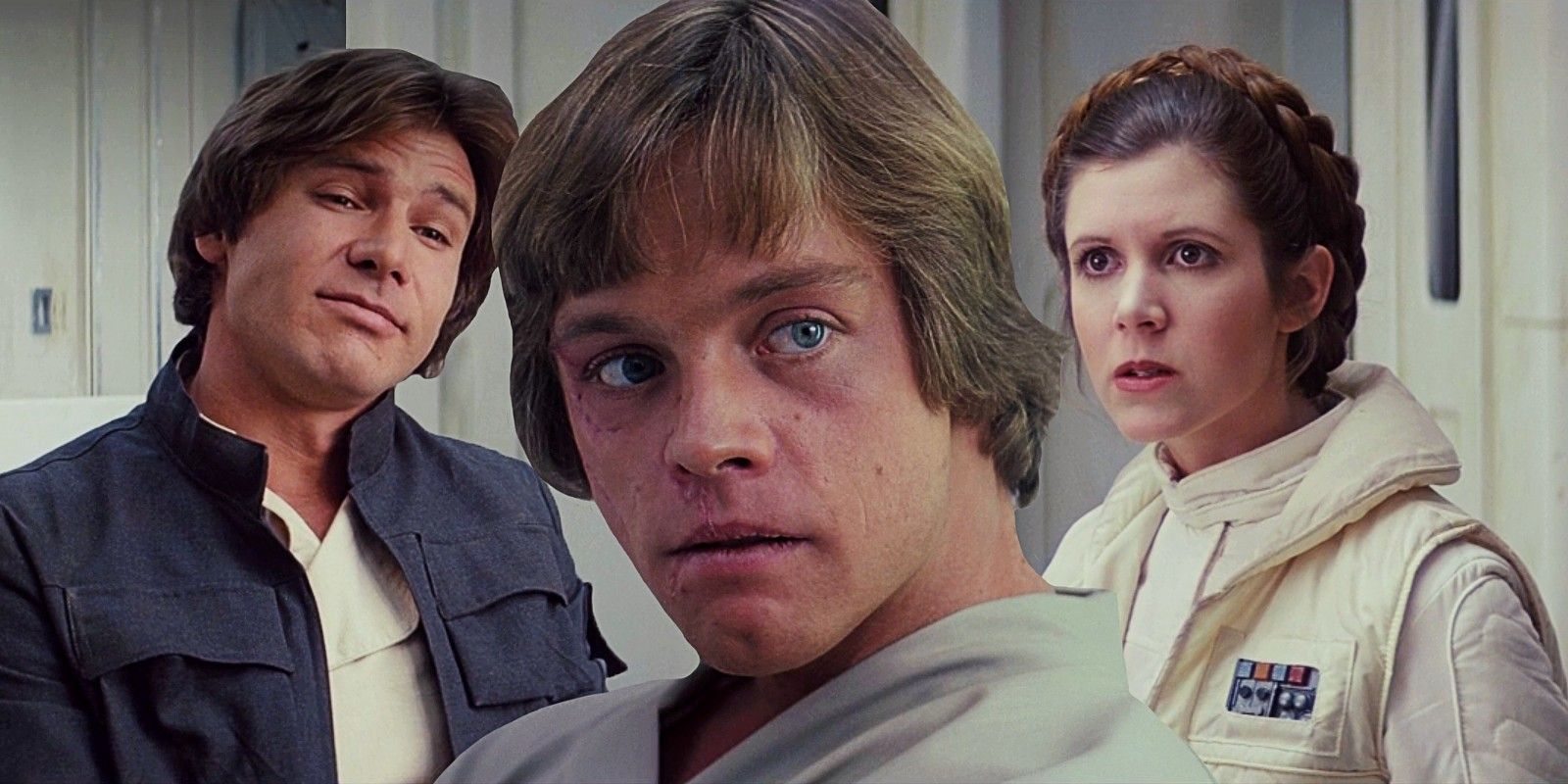 Harrison Ford as Han Solo, Mark Hamill as Luke Skywalker and Carrie Fisher as Leia Organa in Star Wars Episode V;