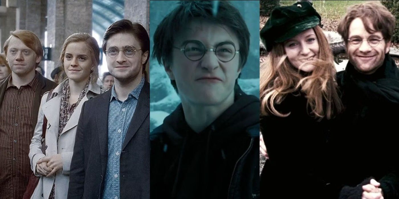 Split image of the epilogue to Harry Potter, Harry sneering, and James and Lily Potter