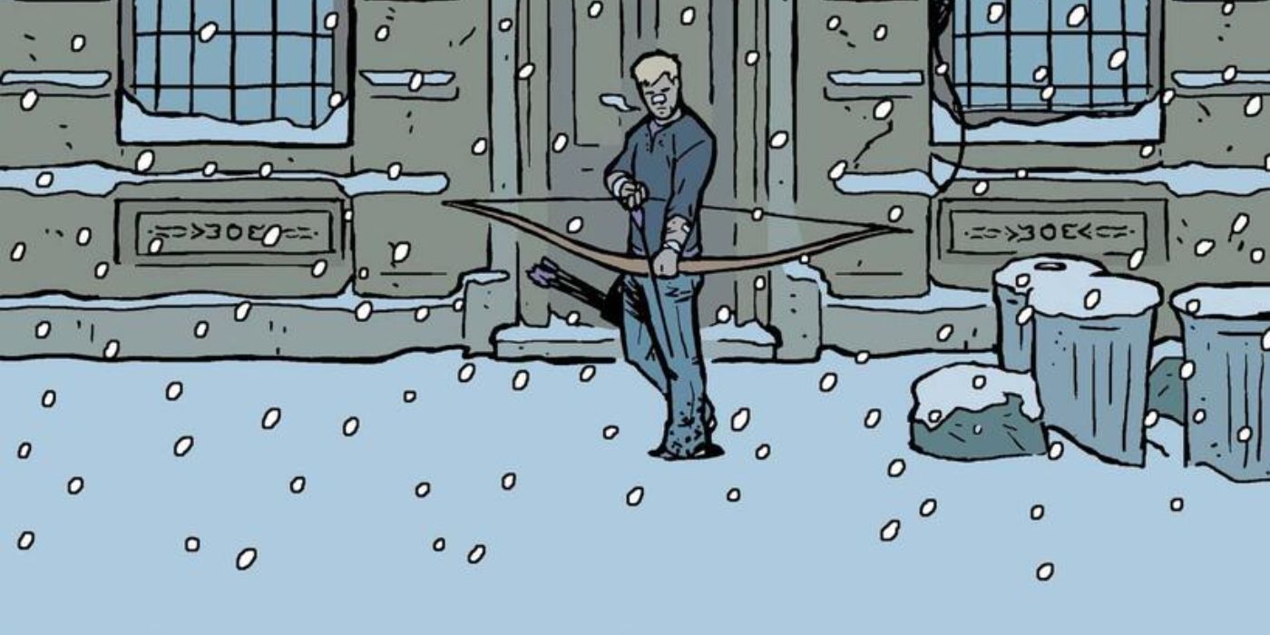 Hawkeye parcourt les rues alors qu'il neige