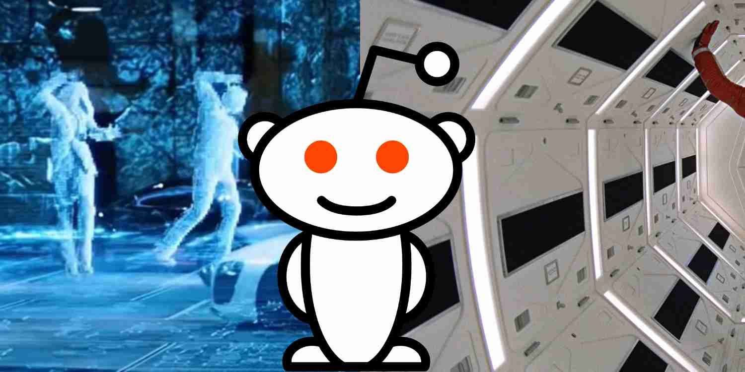 The Reddit alien Snoo in front of some examples of movie technology.