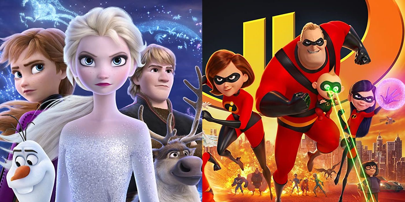 Split Image: Elsa, Anna, Olaf, Kristoff, and Sven look gallantly into the distance on a poster for Frozen II; The Parr family rushes into action on a poster for The Incredibles 2