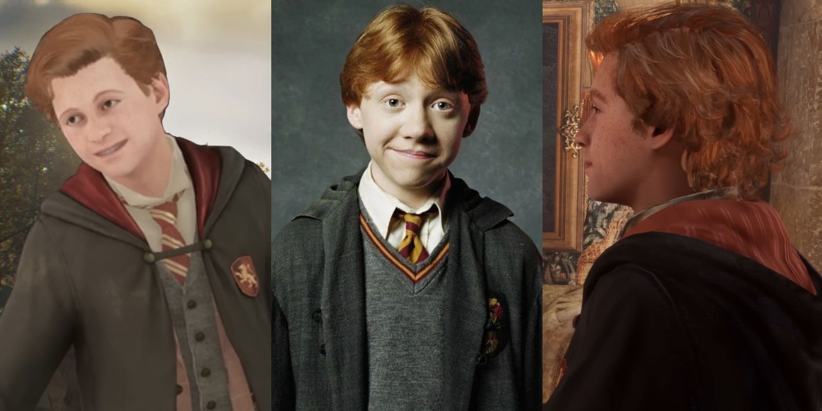 Dois potenciais NPCs Weasley em Hogwarts Legacy, e Ron Weasley de Harry Potter.