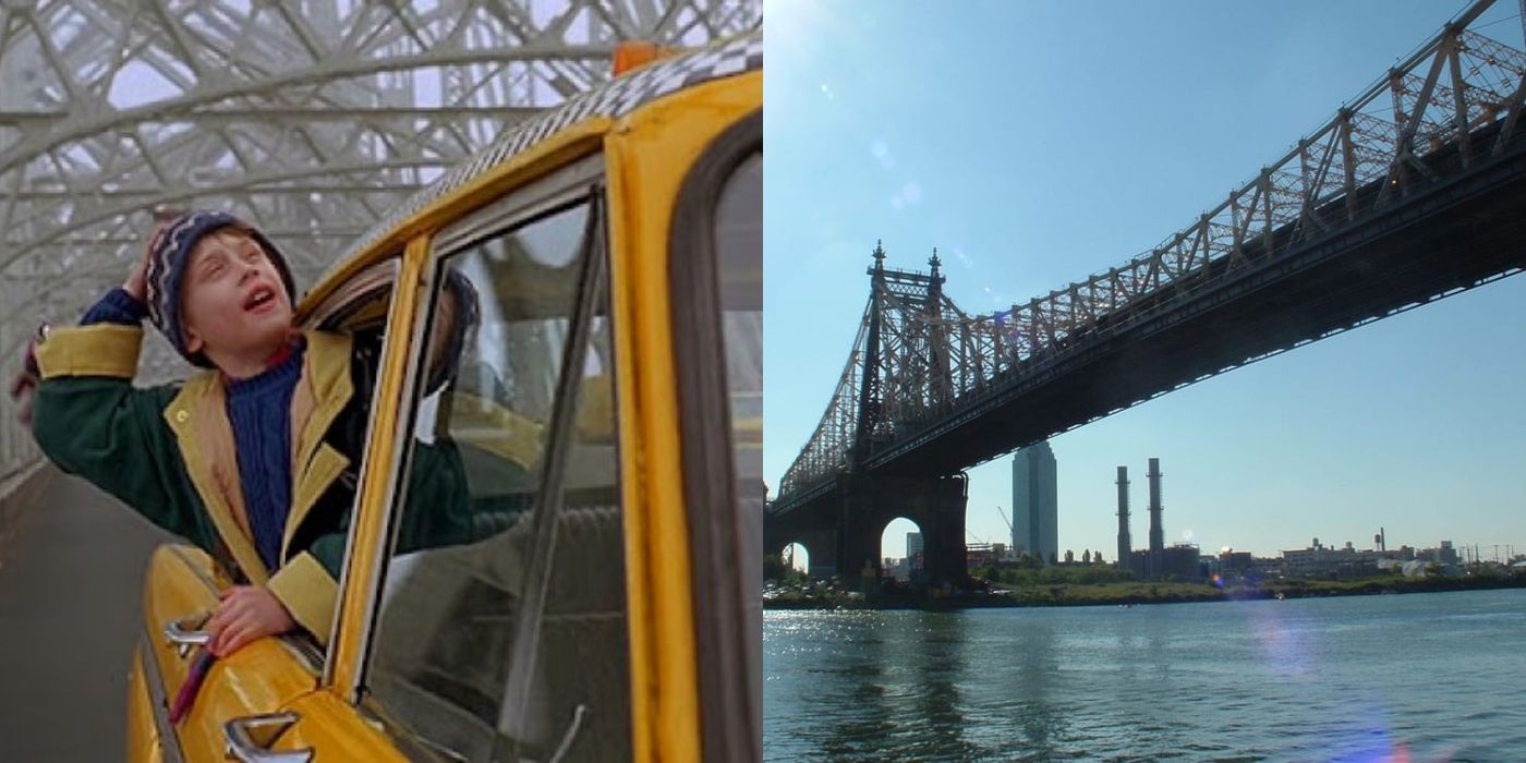 Imagem dividida de Kevin em um táxi em Home Alone 2 and the Queensboro Bridge