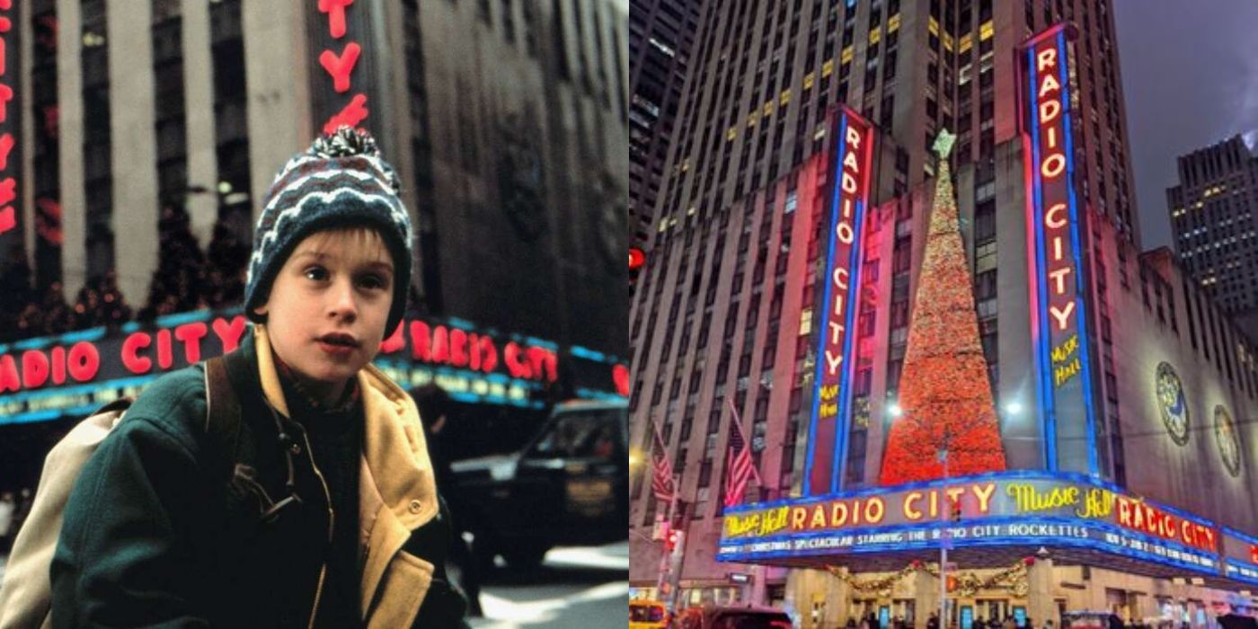 Imagem dividida de Kevin em frente ao Radio City Music Hall em Home Alone 2 e o local em Nova York