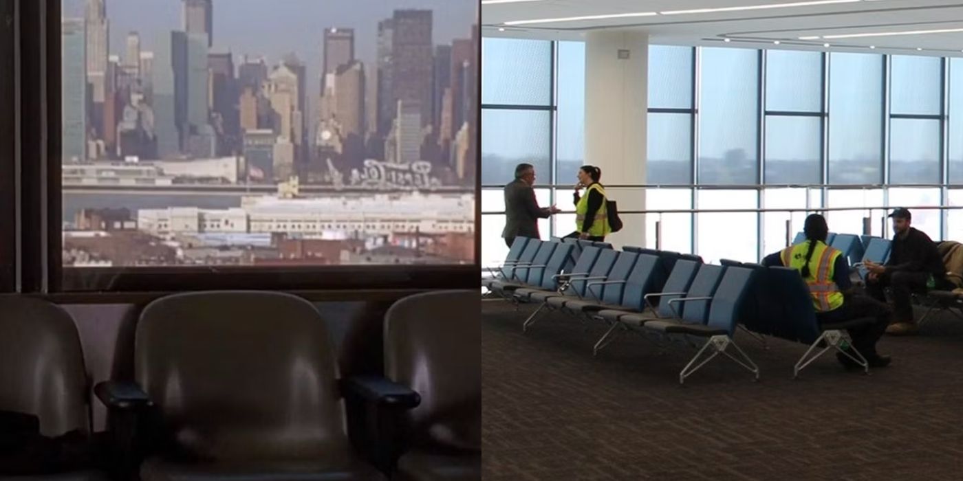 Imagem dividida do aeroporto La Guardia em Home Alone 2 e hoje