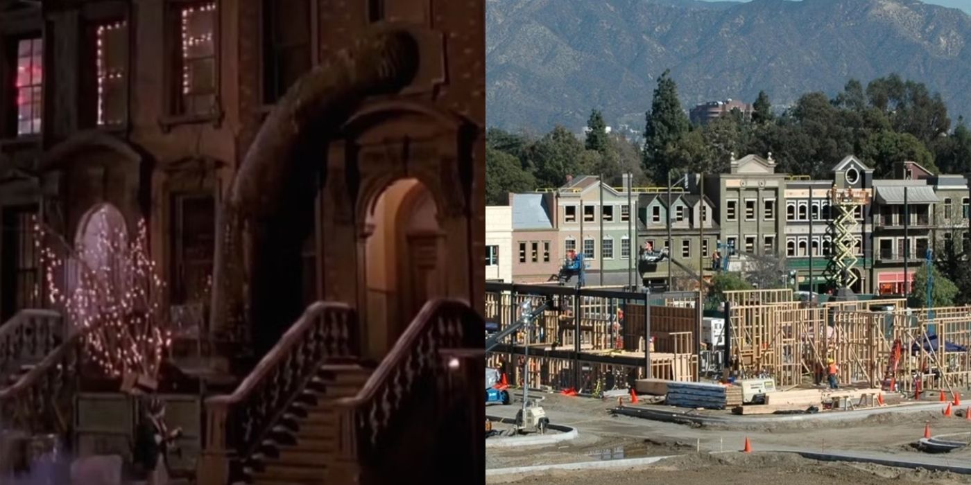 Imagem dividida da casa de Rob em Home Alone 2 e o prédio real