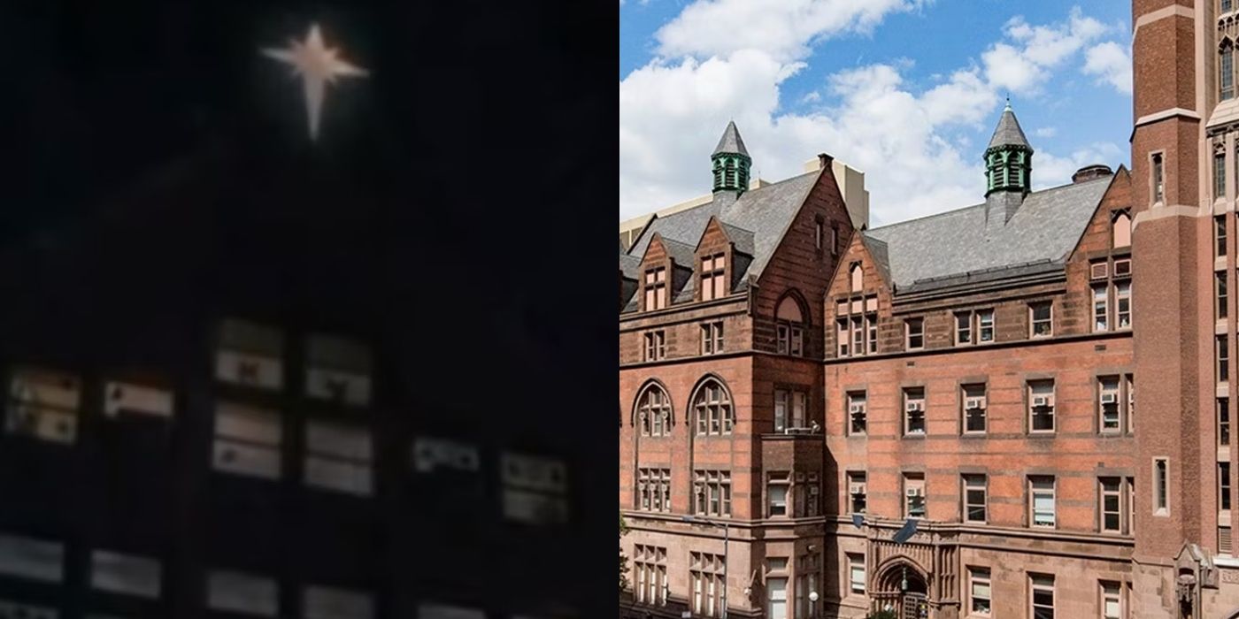 Imagem dividida do Hospital Infantil St. Anne em Home Alone 2 e o prédio