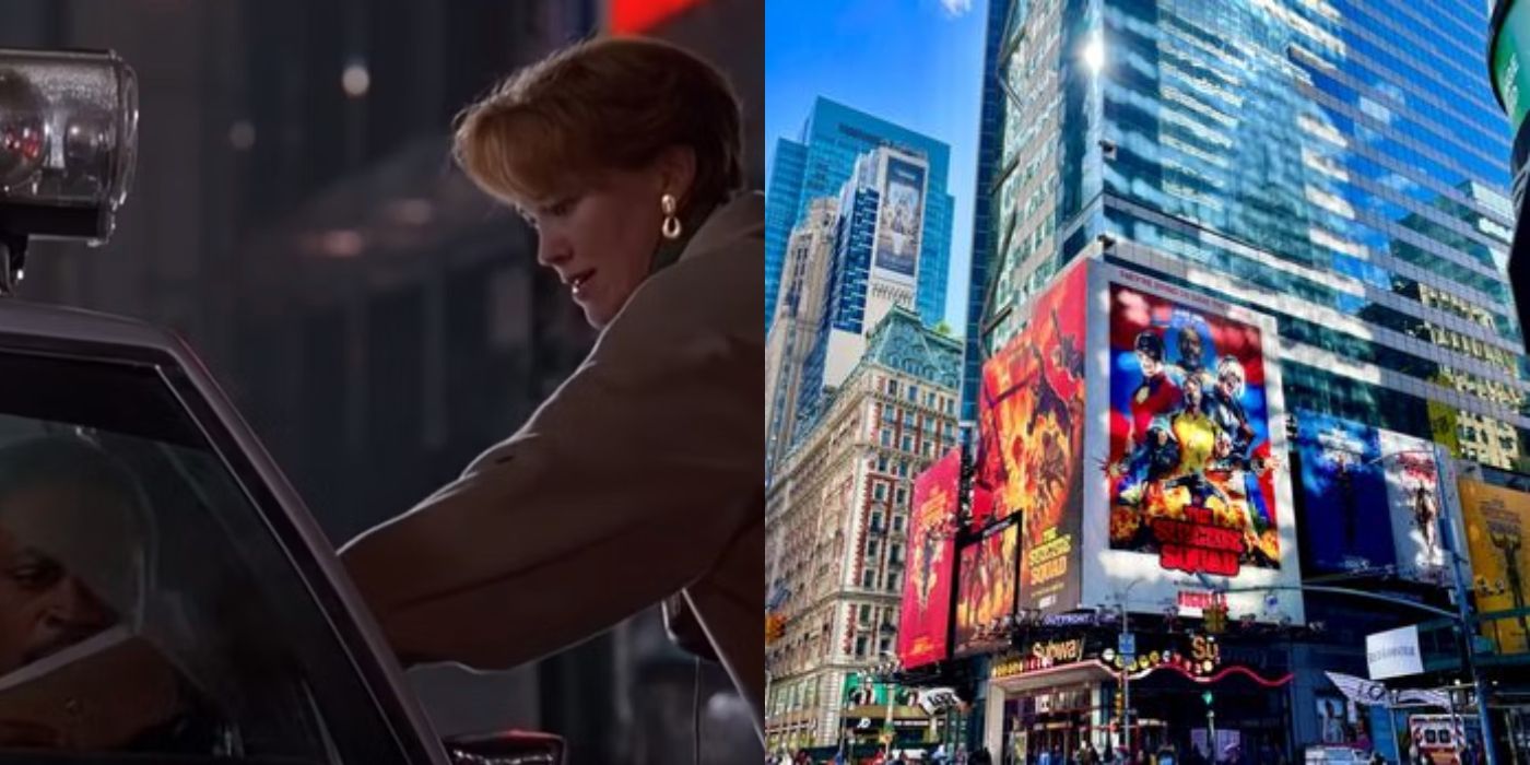 Imagem dividida de Catherine O'Hara em Home Alone 2 e Times Square