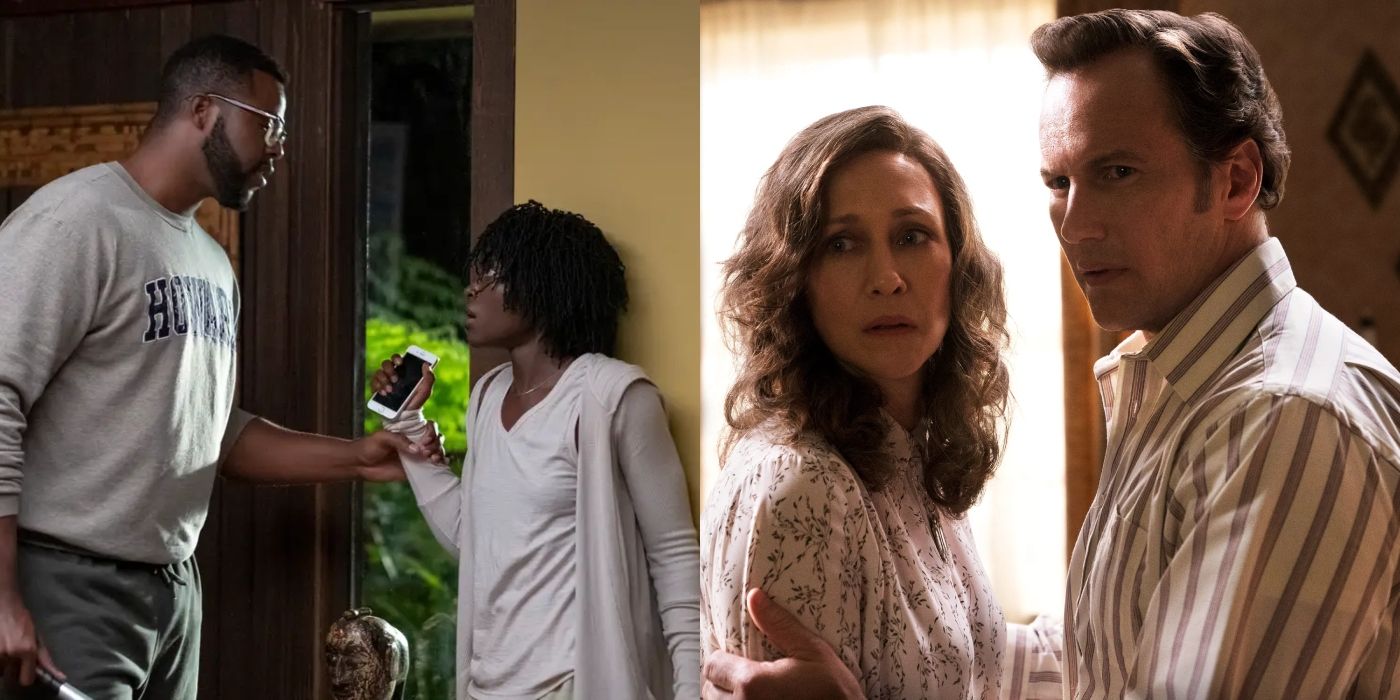 Split image of Gabe and Addy Wilson in Us and Lorraine and Ed Warren in The Conjuring