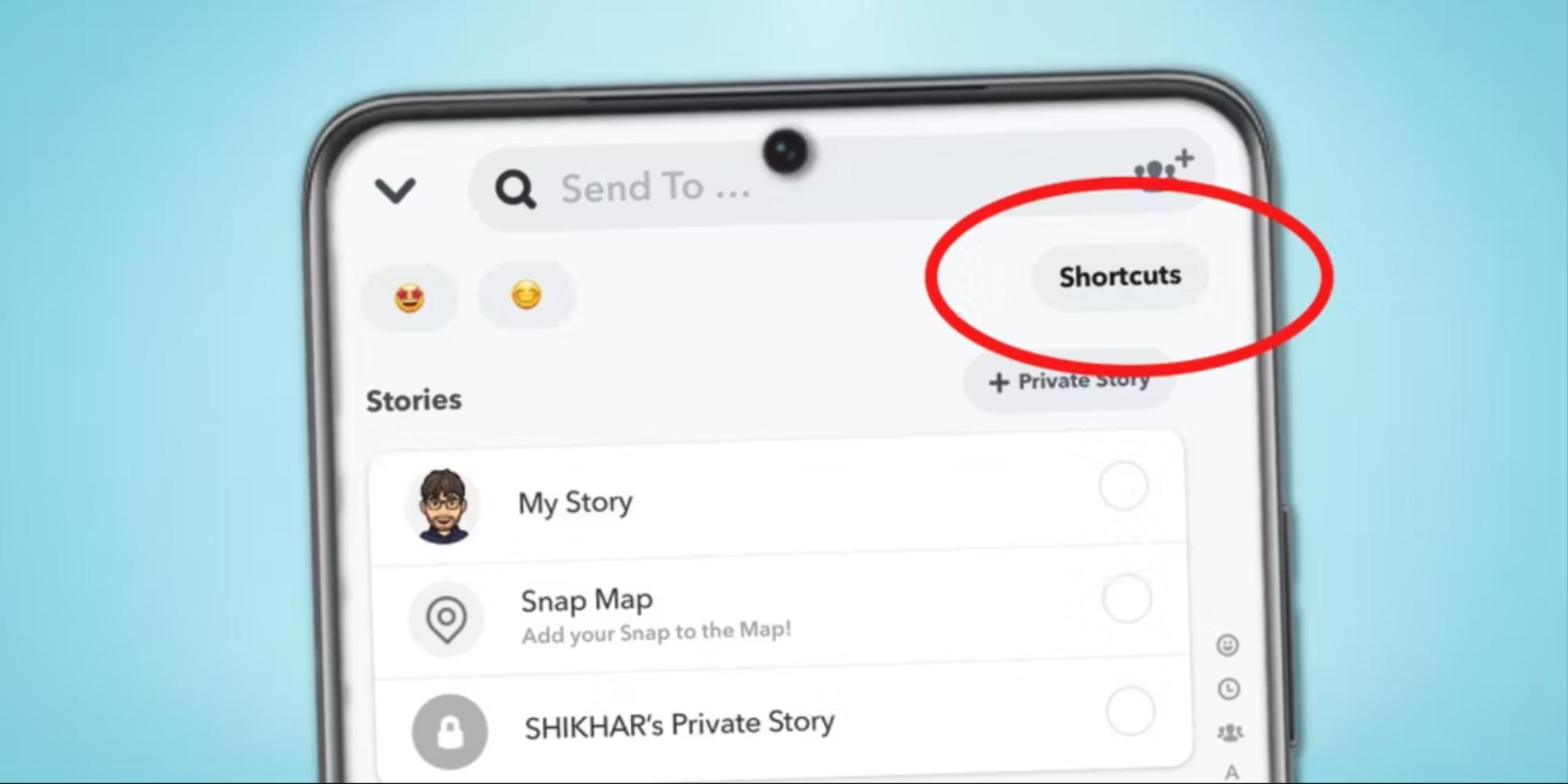 Telefone mostrando o botão Atalho no Snapchat