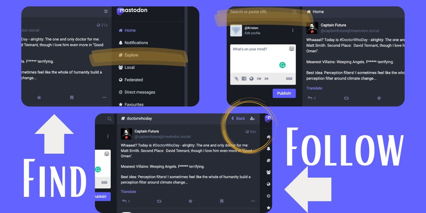 Três capturas de tela da plataforma do Mastodon.  A imagem superior direita destaca a barra de pesquisa.  O canto superior esquerdo destaca a guia Explorar.  A imagem inferior circunda o ícone Seguir ao lado de uma hashtag pesquisada.