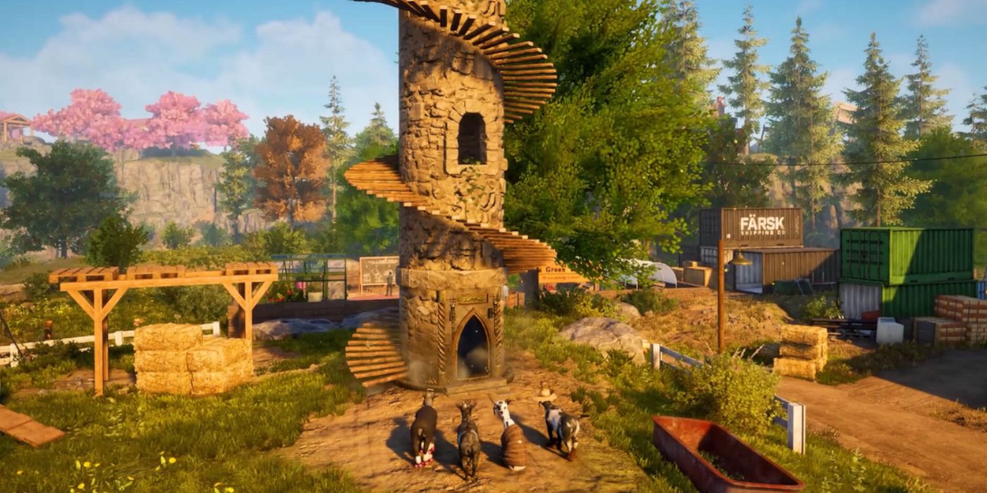 Goats Looking at a Tower in Goat Simulator 3