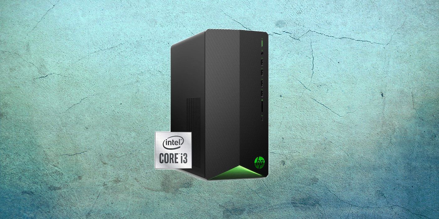 HP Gaming desktop with Intel Core i3 logo on custom background