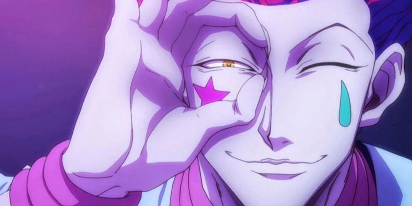 Hisoka from Hunter x Hunter making a circle around his eye with his hands.