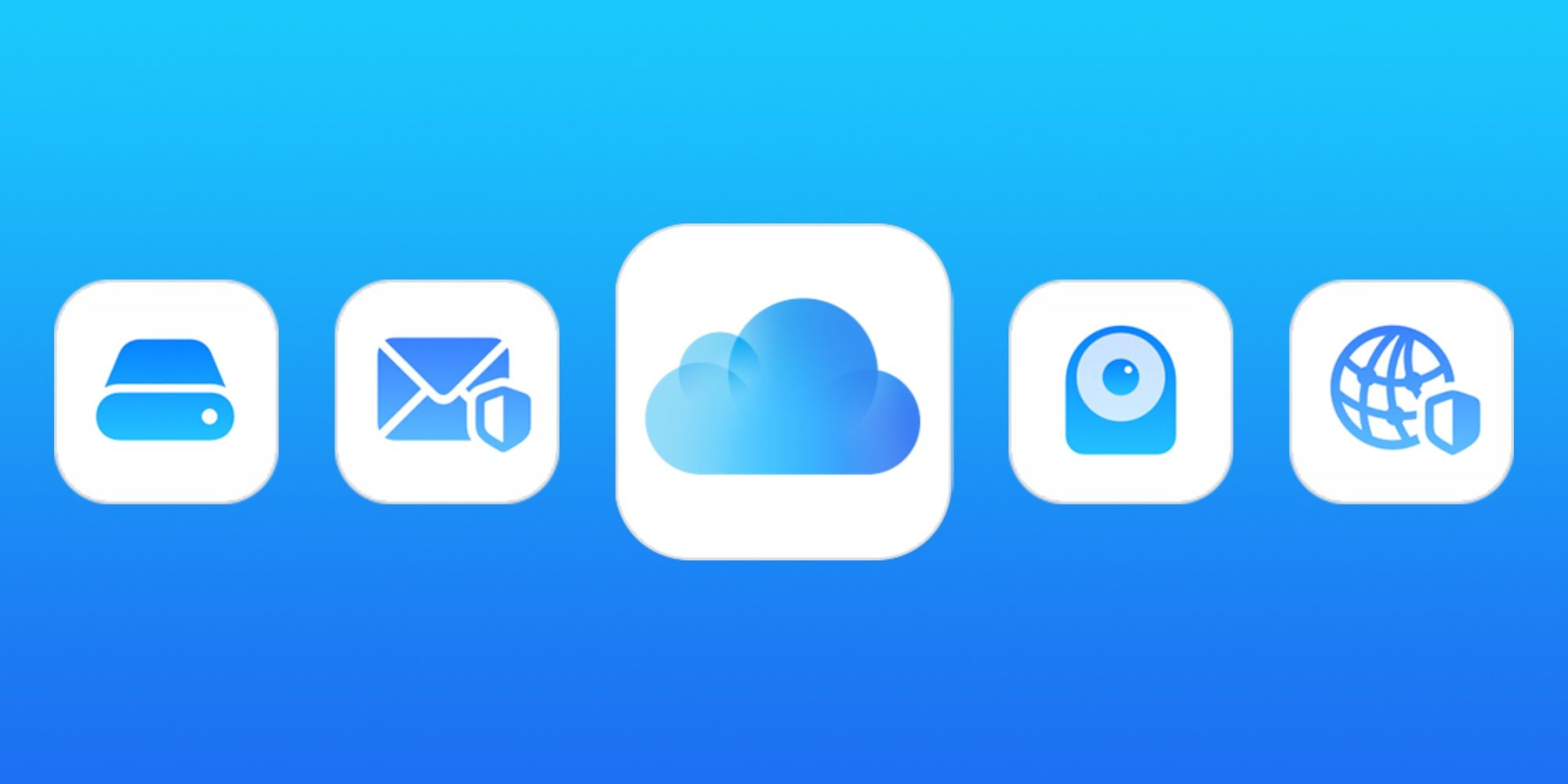 The five logos of iCloud+ features and services.