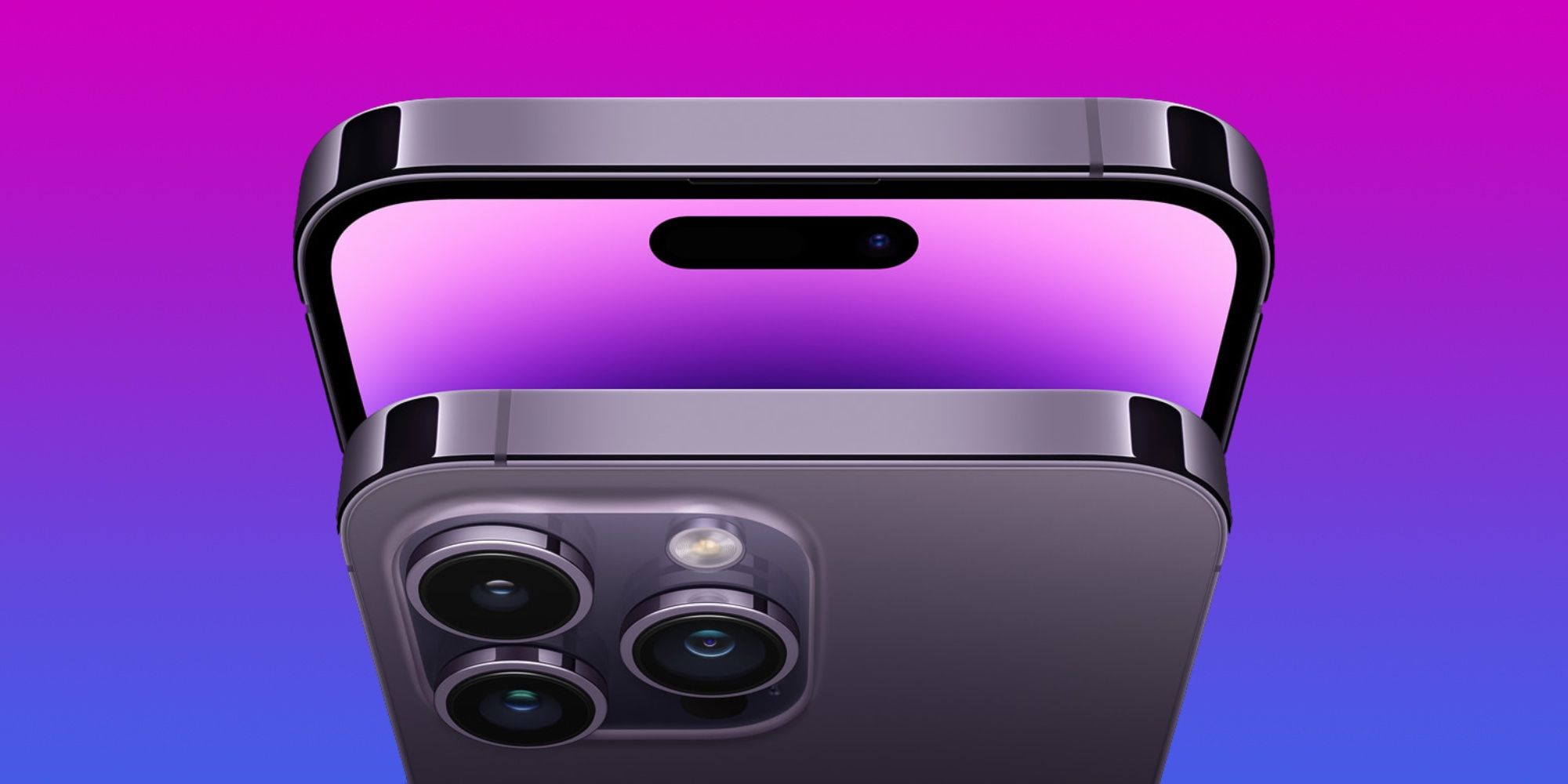 Dois iPhones 14 Pro em frente a um fundo gradiente roxo.