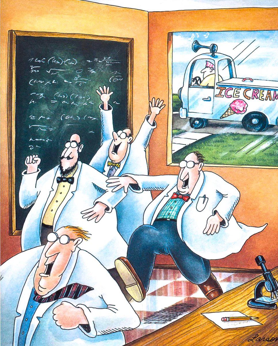 far side comic, four scientists happily run outisde when they see an ice cream truck